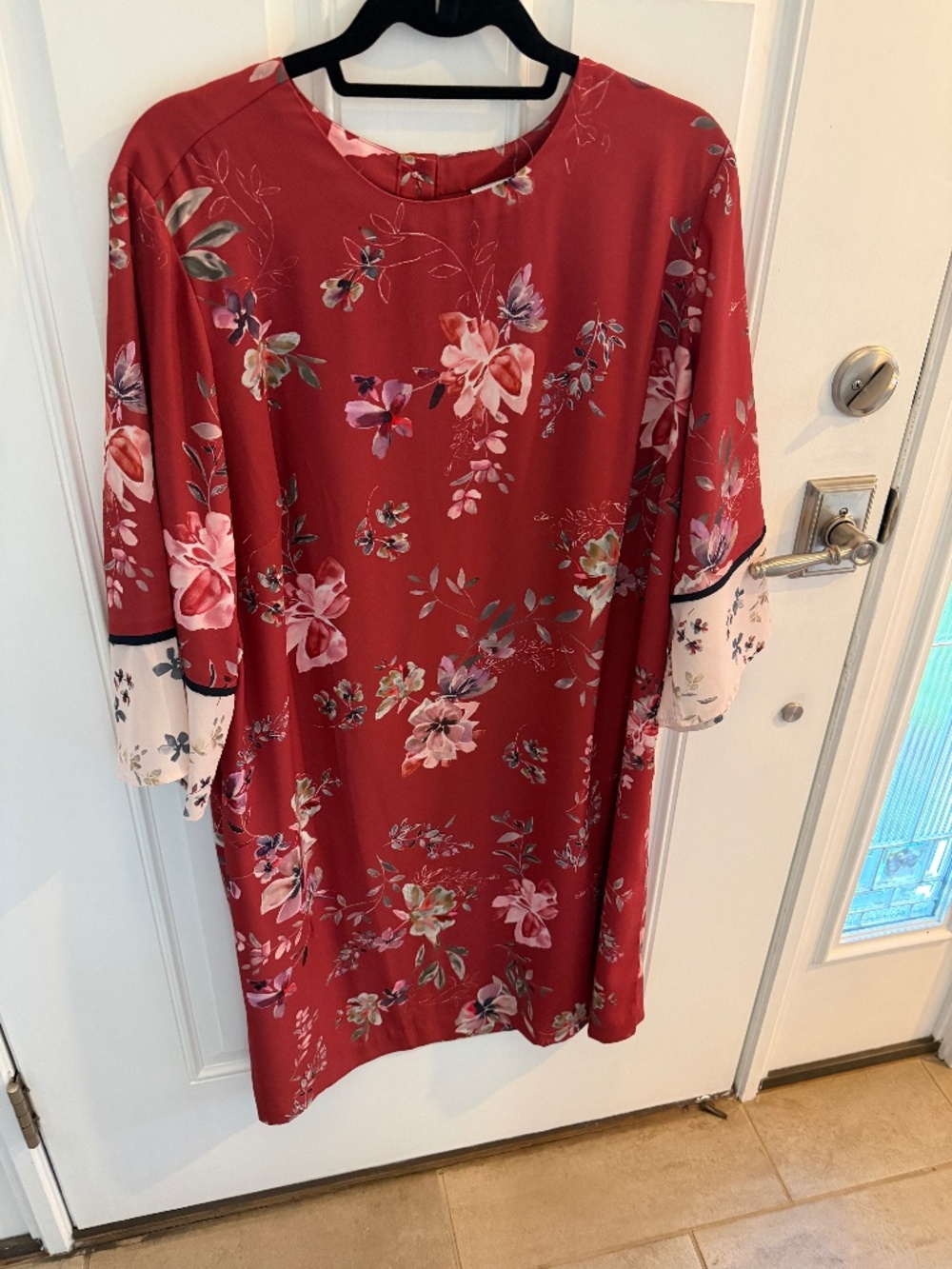 J Jill burnt red Asian inspired floral shift with contrast sleeve